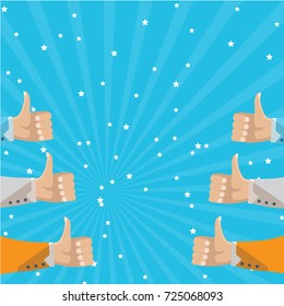 Human hands thumbs up isolated on blue background, vector illustration. Party celebration concept 