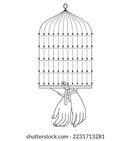 Human hands tied with rope attached to a bird cage. Symbol of unfreedom and bondage. Black and white linear silhouette.