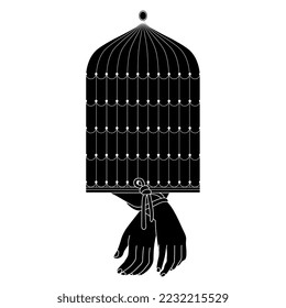 Human hands tied with rope attached to a bird cage. Symbol of unfreedom and bondage. Black and white negative silhouette.