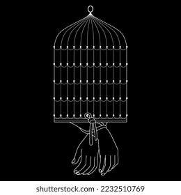 Human hands tied with rope attached to a birdscage. Symbol of unfreedom and bondage. White linear silhouette on black background.