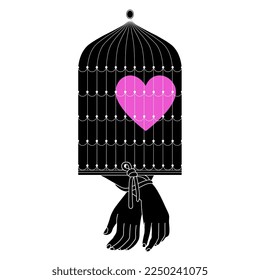 Human hands tied with rope attached to a birdcage with heart symbol inside. Bondage of love. Creative romantic concept. Isolated vector illustration.