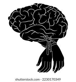 Human hands tied with a rope and a brain. Burden of intellect and knowledge. Creative concept. Black and white silhouette.
