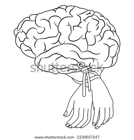 Human hands tied with a rope and a brain. Burden of intellect and knowledge. Creative concept. Black and white linear silhouette.