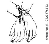 Human hands tied with a rope. Symbol of human suffering and unfreedom. Passion of Jesus Christ. Hand drawn linear doodle rough sketch. Black silhouette on white background.