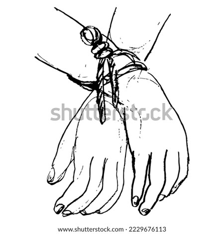 Human hands tied with a rope. Symbol of human suffering and unfreedom. Passion of Jesus Christ. Hand drawn linear doodle rough sketch. Black silhouette on white background.