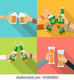 Human hands toasting beer.  Icons set. People clinking beer mugs, glasses and bottles. Oktoberfest celebration party poster. For bar, restaurant, brewery ad, promotion, web design, vector illustration