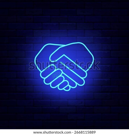 Human hands together neon icon. Handshake symbol. Business contract. Vector stock illustration