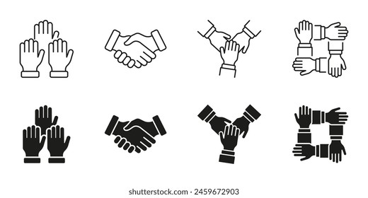 Human Hands Together Symbol Collection. Business Alliance Line and Silhouette Icon Set. Teamwork And Cooperation Black Pictogram. Partnership Handshake, Meeting Sign. Isolated Vector Illustration.