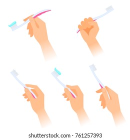 Human hands with toothbrushes and toothpaste on the brush. Flat illustration of male and female hands with teeth clean, hygiene, health care tools. Vector isolated on white background design elements.