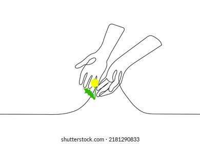 human hands touching single yellow dandelion - one line drawing vector. concept eco-friendly, love for nature and flora, a flower that sprouted in difficult conditions