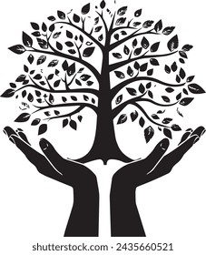 Human hands and tree black silhouette with leaves on white background 