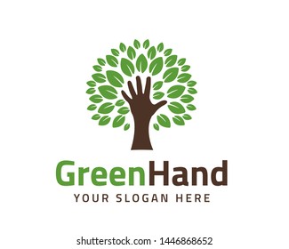 Manos y árbol humanos con hojas verdes. Logotipo, símbolo, icono, ilustración, vector, plantilla, diseño