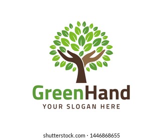 Human hands   tree and green leaves  Logo  symbol  icon  illustration  vector  template  design