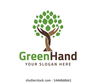 Human hands and tree with green leaves. Logo, symbol, icon, illustration, vector, template, design