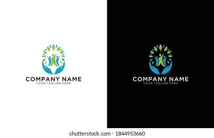 Manos y árboles humanos con hojas verdes. Vector de logotipo, plantilla, diseño.