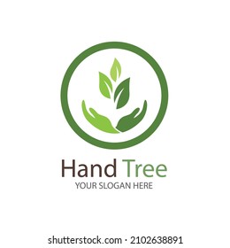 Human hands and tree with green leaves. Logo  symbol  icon  illustration  vector  template  design