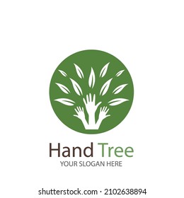 Human hands and tree with green leaves. Logo  symbol  icon  illustration  vector  template  design