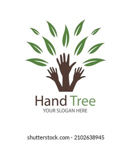 Human hands and tree with green leaves. Logo  symbol  icon  illustration  vector  template  design