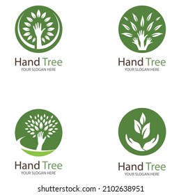 Manos y árboles humanos con hojas verdes. Ilustración de icono de logotipo diseño de vectores