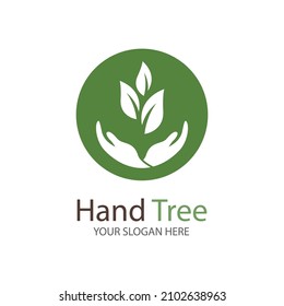 Human hands and tree with green leaves. Logo  symbol  icon  illustration  vector  template  design