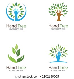 Human hands and tree with green leaves. Logo  symbol  icon  illustration  vector  template  design