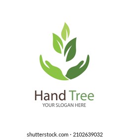 Manos y árboles humanos con hojas verdes. Ilustración de icono de logotipo diseño de vectores