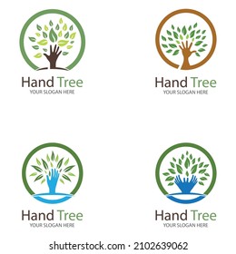 Human hands and tree with green leaves. Logo  symbol  icon  illustration  vector  template  design