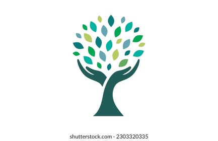 Human hands and tree with green leaves. Logo, symbol, icon, illustration, vector, template, design