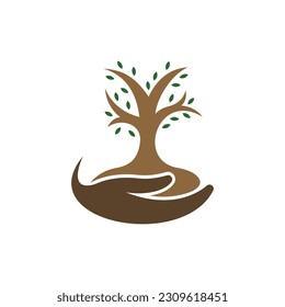 Human hands and tree with green leaves. Tree Life Logo Design Vector
