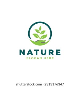 Human hands and tree with green leaves logo. Plant logo