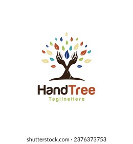 Manos y árboles humanos con hojas verdes. Logotipo, símbolo, icono, ilustración