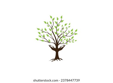Human hands and tree with green leaves. Logo, symbol, icon, illustration, vector, template, design