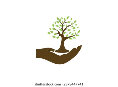 Human hands and tree with green leaves. Logo, symbol, icon, illustration, vector, template, design