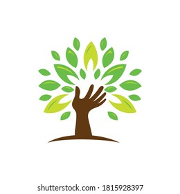 Human hands and tree with green and yellow leaves. Logo, symbol, icon, illustration, vector, template, design.