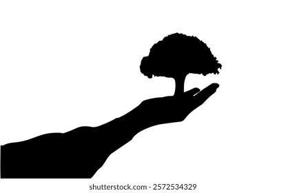 Human hands and tree with leaves