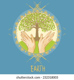 Human hands, tree in round frame. Vector illustration