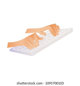 Human hands typing on computer keyboard pushing buttons with fingers isolated on white background. Cartoon vector illustration of two wrists typing on pc.