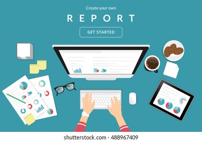 Human hands typing on the computer keyboard financial report using papers with diagrams and tablet pc for analysis and audit. Business illustration of working process on blue background