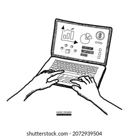 Human hands typing on keyboard. Work at home, remote work, freelance online job concept. Working on laptop vector sketch hand drawn illustration. Web banner or poster design elements.