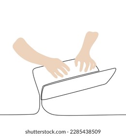 human hands typing on laptop keyboard - one line drawing vector. concept work from home, copywriter, editor or writer