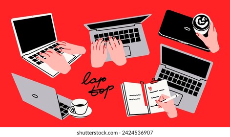 Human hands typing on laptop keyboard, hand writing in notebook. Laptops with hands, coffee cup. Computing, working online, freelancing, education concept. Hand drawn isolated Vector illustrations