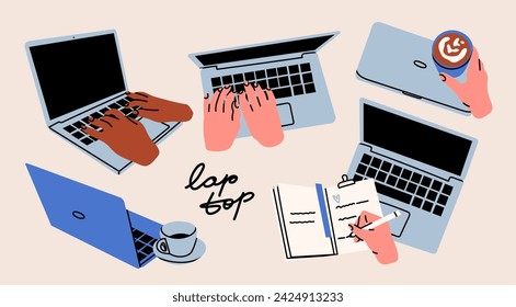 Human hands typing on laptop keyboard, hand writing in notebook. Laptops with hands, coffee cup. Computing, working online, freelancing, education concept. Hand drawn isolated Vector illustrations