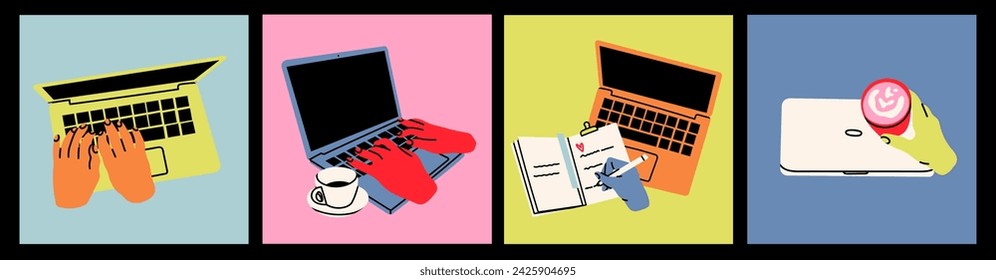 Manos humanas escribiendo en el teclado de la laptop. Portátiles con las manos, taza de café, cuaderno. Informática, trabajo en línea, freelance, concepto de educación. Dibujado a mano aislado Vector ilustraciones. Iconos cuadrados