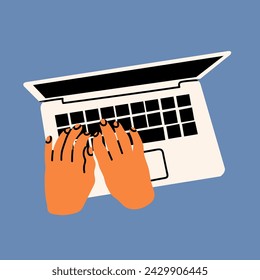 Human hands typing on laptop keyboard, top view. Computing, working online, freelancing, education concept. Hand drawn Vector illustration. Isolated design element. Logo, icon template