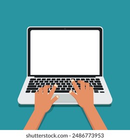 Human hands typing on laptop in a flat design