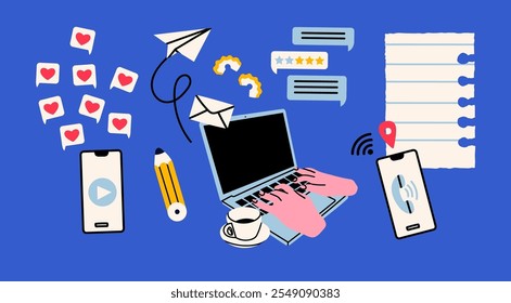 Human hands typing on laptop keyboard, phone with likes, chat, mail, schedule, coffee, pencil. Socila media, working online, freelancing, education concept. Hand drawn isolated Vector illustrations