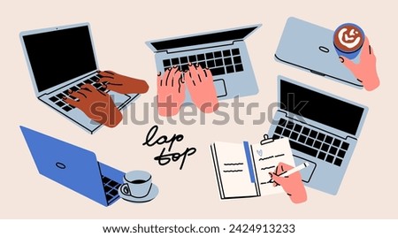 Human hands typing on laptop keyboard, hand writing in notebook. Laptops with hands, coffee cup. Computing, working online, freelancing, education concept. Hand drawn isolated Vector illustrations