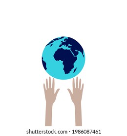 Manos humanas bajo el planeta. Sobre fondo blanco. Vector.