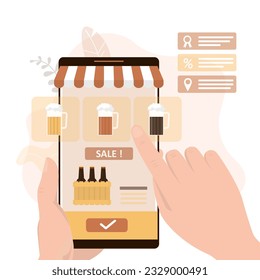 Human hands uses smartphone and chooses craft beer in online store. Mobile app with various assortment of draft beer and alcohol drinks. Client orders home delivery of beer in internet shop. vector