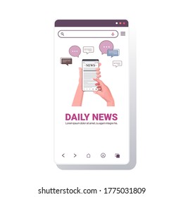 manos humanas usando celulares leer noticias diarias prensa en línea prensa medios masivos chat burbuja concepto de comunicación pantalla de smartphone aplicación móvil copia espacio ilustración vectorial